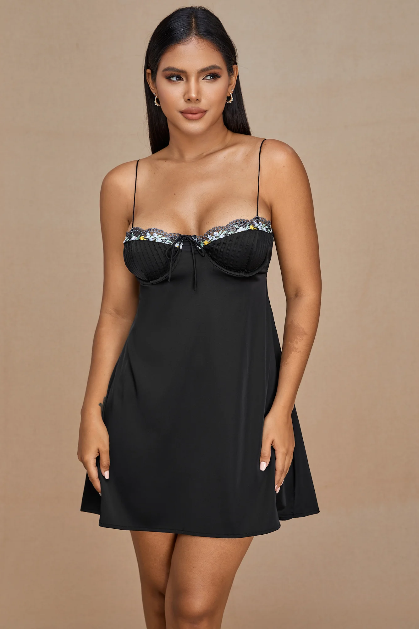 Black Slip Dress with Flower Trim - Image 3