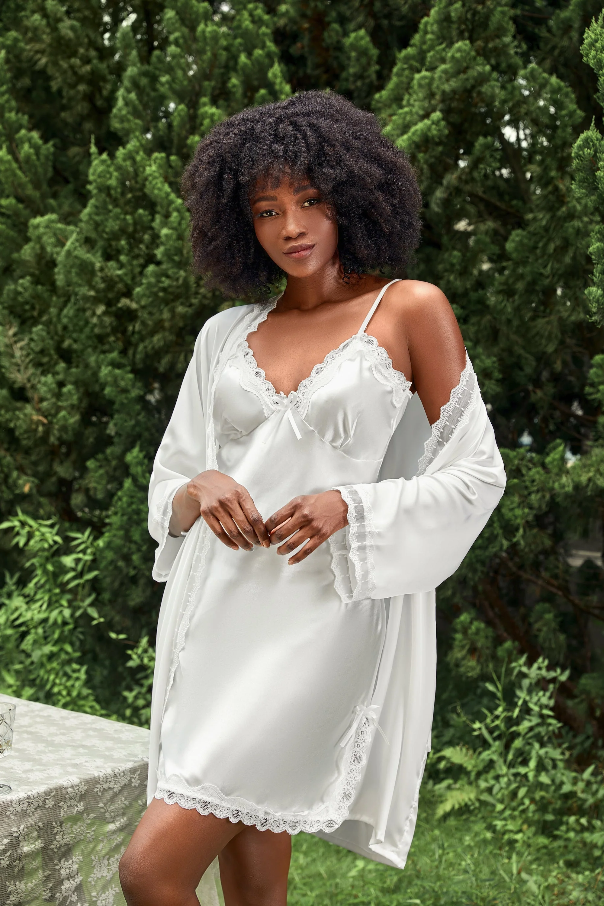 Satin Lace Trimmed Slip and Robe Set - Image 6